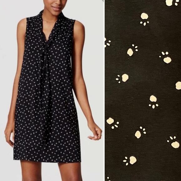 LOFT Black/Cream Paw Print Neck Tie Mini Dress Size XS Cat Dog Office Work - Picture 1 of 6